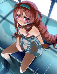 Rule 34 | 1girl, bare shoulders, barefoot, blush, breasts, brown hair, cleavage, downblouse, dress, drill hair, female masturbation, from above, hairband, highres, long hair, long legs, magukappu, masturbation, no panties, off shoulder, open mouth, original, pink eyes, purple eyes, pussy juice, red hair, ringlets, see-through, side ponytail, sitting, soaking feet, solo, strap slip, very long hair, water, wet, wet clothes