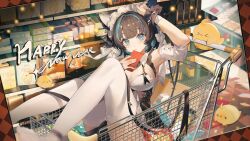 Rule 34 | &gt; &lt;, 1girl, animal ears, apron, aqua eyes, arm garter, azur lane, black hair, blue nails, breasts, cheshire (azur lane), cleavage, fake animal ears, feet out of frame, frilled hairband, frilled ribbon, frills, hairband, happy new year, highres, holding, in shopping cart, indoors, kuuus, large breasts, looking at viewer, maid headdress, manjuu (azur lane), multicolored hair, nail polish, new year, purple apron, pushing cart, ribbon, shopping cart, short hair, sitting, solo, streaked hair, supermarket, thighhighs, white thighhighs, wrist cuffs