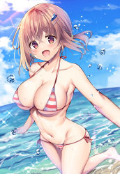 Rule 34 | 1girl, :d, beach, bikini, blue sky, breasts, cloud, collarbone, commentary request, crossed bangs, day, hair between eyes, hair ornament, hairclip, highres, kurou (quadruple zero), large breasts, looking at viewer, ocean, open mouth, original, red bikini, red eyes, red hair, side-tie bikini bottom, sky, smile, solo, striped bikini, striped clothes, summer, sunlight, swimsuit, wet