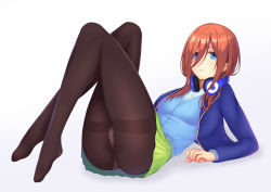 Rule 34 | 1girl, absurdres, arm support, ass, black pantyhose, blue cardigan, blue eyes, blue jacket, cardigan, feet, full body, go-toubun no hanayome, goldred, gradient background, green skirt, hair between eyes, headphones, headphones around neck, highres, jacket, legs together, long hair, long sleeves, looking at viewer, lying, nakano miku, no shoes, on back, panties, panties under pantyhose, pantyhose, pantyshot, pleated skirt, school uniform, simple background, skirt, solo, thighband pantyhose, underwear, upskirt, white background