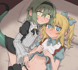 Rule 34 | 2boys, bill (black souls), black bow, black hairband, black panties, black souls, black thighhighs, blonde hair, blue dress, blue eyes, blush, bow, closed mouth, clothes lift, commentary request, crossdressing, dress, dress lift, ear piercing, frilled dress, frilled sleeves, frills, green hair, green tail, hair between eyes, hair bow, hairband, highres, juliet sleeves, lizard tail, long sleeves, looking at viewer, lying, matangom, multiple boys, navel, on back, on bed, on side, panties, piercing, puffy sleeves, scales, serpent god (black souls), short hair, short sleeves, side ponytail, sidelocks, smile, stomach, tail, thighhighs, trap, trap on trap, underwear, wide sleeves, yellow eyes