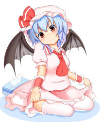 Rule 34 | 1girl, ascot, bad id, bad pixiv id, bat wings, blue hair, clothes lift, dress, dress lift, fey (broken cage), looking at viewer, pink dress, pink thighhighs, puffy short sleeves, puffy sleeves, red eyes, remilia scarlet, short sleeves, sitting, smile, solo, thighhighs, tissue, tissue box, touhou, wings, wrist cuffs, zettai ryouiki