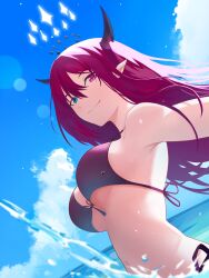 Rule 34 | 1girl, absurdres, bare shoulders, bikini, black bikini, blue eyes, blue sky, closed mouth, cloud, cloudy sky, cowboy shot, day, dot nose, front-tie top, hair between eyes, heterochromia, highres, hololive, horizon, horns, irys (hololive), lens flare, long hair, looking at viewer, ocean, outdoors, outstretched arm, partially submerged, pink eyes, purple hair, side-tie bikini bottom, sky, smile, snackbar (rimartwork), solo, straight hair, swimsuit, virtual youtuber, water