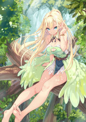 Rule 34 | 1girl, arm support, bare shoulders, barefoot, belt, blonde hair, blue eyes, blush, bracelet, breasts, buckle, cleavage, cleavage cutout, clothing cutout, day, dress, elf, feet, floating hair, hand up, highres, hinoki yuu, jewelry, large breasts, long hair, looking at viewer, original, outdoors, pointy ears, ponytail, sidelocks, sitting, smile, soles, solo, sunlight, toes, tree, very long hair, wind
