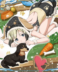 Rule 34 | 1girl, animal ears, artist request, backless outfit, baseball bat, blonde hair, blue eyes, bone, bowl, brown footwear, carrot, closed mouth, dachshund, dog, dog tail, erica hartmann, heart, looking at viewer, official art, pet bowl, short hair, shoulder blades, solo, strike witches, tail, top-down bottom-up, world witches series, wristband