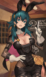 Rule 34 | 1girl, absurdres, alternate costume, among us, animal ears, blue eyes, blue hair, breasts, byleth (female) (fire emblem), byleth (fire emblem), cleavage, crewmate (among us), dangle earrings, earrings, fake animal ears, fire emblem, fire emblem: three houses, gloves, hairband, hand on own hip, highres, jewelry, large breasts, long hair, looking at viewer, nintendo, open mouth, rabbit ears, saiykik, solo, white gloves