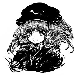Rule 34 | 1girl, acryl, closed mouth, collared shirt, commentary request, flat cap, greyscale, hair bobbles, hair ornament, hat, jewelry, kawashiro nitori, key, key necklace, looking at viewer, medium hair, monochrome, necklace, shirt, simple background, smile, solo, touhou, two side up, upper body