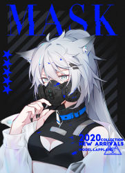 Rule 34 | 1girl, absurdres, alternate costume, arknights, black background, black mask, black nails, black shirt, blouse, breasts, chinese commentary, cleavage, cleavage cutout, clothing cutout, covered mouth, crop top, dated, diagonal stripes, english text, gas mask, gemi 25, grey eyes, hair between eyes, hair ornament, hairclip, hazardous materials label, highres, jacket, lappland (arknights), long hair, looking at viewer, mask, medium breasts, nail polish, off shoulder, open clothes, open jacket, ponytail, scar, scar across eye, scar on face, see-through, see-through sleeves, shirt, silver hair, simple background, sleeveless, solo, star (symbol), striped, upper body, white jacket