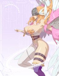 Rule 34 | 1girl, absurdres, angel, angel wings, angewomon, asymmetrical legwear, belt, binary, blonde hair, breasts, cameltoe, cleavage, commentary, covered eyes, digimon, digimon (creature), feathered wings, fingernails, glitch, helmet, highres, huge breasts, leotard, lipstick, long hair, makeup, materclaws, multiple belts, nail polish, navel, o-ring, o-ring belt, parted lips, profile, red lips, red nails, single leg pantyhose, single thighhigh, solo, thighhighs, white leotard, winged helmet, wings