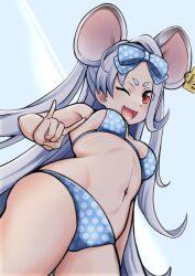 Rule 34 | 1girl, absurdres, alternate costume, animal ears, bikini, blue archive, blue bikini, bow, breasts, ear tag, grey hair, hair bow, happy, highres, long hair, looking at viewer, medai a, mouse ears, open mouth, red eyes, saya (blue archive), small breasts, swimsuit, very long hair, white hair