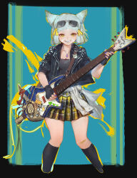 Rule 34 | 1girl, alternate costume, animal ears, bandaid, bandaid on knee, bandaid on leg, black gloves, black jacket, black shirt, black socks, blue nails, blunt bangs, cable, cat ears, clothes around waist, collared jacket, commentary, cropped legs, daible, electric guitar, english commentary, eyewear on head, facial mark, fingerless gloves, gloves, grey hair, grin, guitar, hair ribbon, heart, highres, holding, holding instrument, holding plectrum, instrument, jacket, jewelry, kneehighs, looking at viewer, miniskirt, nail polish, necklace, nia (xenoblade), open clothes, open jacket, pleated skirt, plectrum, ribbon, shirt, short hair, signature, skirt, smile, socks, solo, standing, sunglasses, sweater, sweater around waist, unzipped, xenoblade chronicles (series), xenoblade chronicles 2, yellow eyes, yellow ribbon, yellow skirt