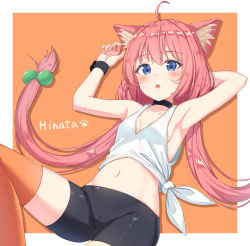 Rule 34 | 1girl, :o, absurdres, ahoge, animal ear fluff, animal ears, arm behind head, armpits, arms up, bad id, bad pixiv id, bare arms, bare shoulders, bike shorts, black choker, blue eyes, blush, breasts, cameltoe, cat ears, cat girl, character name, choker, collarbone, comic, commentary request, hair bobbles, hair ornament, highres, hinata channel, knee up, long hair, looking at viewer, low twintails, lying, navel, nekomiya hinata, on back, open mouth, orange background, orange thighhighs, purple hair, shirt, sideboob, simple background, small breasts, solo, stomach, tank top, tareme, thighhighs, tied shirt, twintails, very long hair, virtual youtuber, wrist cuffs, xue lu