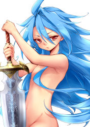Rule 34 | 10s, 1boy, blue hair, colorized, future card buddyfight, long hair, looking at viewer, male focus, navel, nude, red eyes, ryuuenji tasuku, simple background, solo, sword, tobi (one), very long hair, weapon, white background