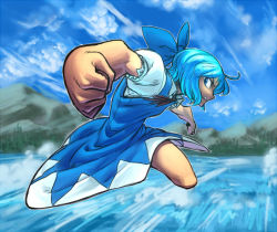 Rule 34 | 1girl, bad id, bad pixiv id, blue eyes, blue hair, bow, cirno, clenched hand, clenched hands, dress, foreshortening, matching hair/eyes, motion blur, punching, solo, spacezin, touhou, water