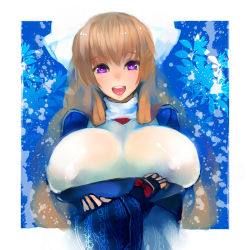 Rule 34 | 1girl, :d, aco (koaya ako), aoi kimi, bow, breast hold, breasts, brown eyes, brown hair, crossed arms, covered erect nipples, fingerless gloves, gloves, huge breasts, kyoukaisenjou no horizon, long hair, open mouth, purple eyes, smile, solo