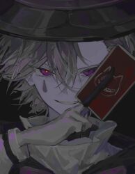 Rule 34 | 1boy, black hat, card, commentary, d yinkya, genshin impact, gloves, grin, hair between eyes, hat, highres, holding, holding card, long sleeves, looking at viewer, lyney (genshin impact), male focus, purple eyes, simple background, smile, solo, sparkle, sparkling eyes, teardrop facial mark, top hat, upper body