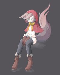 Rule 34 | 1girl, 4138, animal ears, black thighhighs, boots, cloak, female focus, full body, grey background, highres, hood, original, simple background, sitting, solo, tail, thighhighs, topless