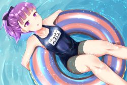 Rule 34 | 1girl, breasts, fate/grand order, fate (series), from above, helena blavatsky (fate), helena blavatsky (swimsuit archer) (fate), helena blavatsky (swimsuit archer) (first ascension) (fate), highres, innertube, looking at viewer, looking up, name tag, nenosame, ocean, one-piece swimsuit, partially submerged, ponytail, purple eyes, purple hair, school swimsuit, short hair, small breasts, solo, swim ring, swimsuit