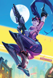 Rule 34 | 1girl, arm up, armor, artist name, ass, black footwear, blue sky, bodysuit, boots, breasts, breasts apart, building, center opening, character name, city, colored skin, finger on trigger, from below, full body, full moon, gloves, grapnel, grappling hook, greaves, gun, head-mounted display, highres, holding, holding gun, holding weapon, knee boots, knee pads, lips, long hair, looking at viewer, medium breasts, moon, night, nose, overwatch, overwatch 1, parted lips, pink bodysuit, ponytail, purple bodysuit, purple hair, purple lips, purple skin, rifle, short sleeves, signature, sky, skyscraper, sniper rifle, solo, teeth, tim yan, very long hair, visor, weapon, widowmaker (overwatch), yellow eyes