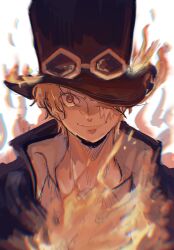 Rule 34 | 1boy, ascot, black hat, blonde hair, close-up, coat, collared coat, collared shirt, commentary, fire, goggles, goggles on headwear, hat, hat over one eye, highres, looking at viewer, male focus, one piece, ri fanart, sabo (one piece), scar, scar on face, shirt, short hair, smile, solo, symbol-only commentary, top hat, upper body