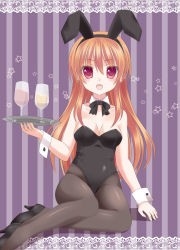 Rule 34 | 1girl, absurdres, animal ears, bad id, bad pixiv id, bare shoulders, black pantyhose, breasts, brown hair, cleavage, detached collar, fake animal ears, fang, glass, highres, ikeda yuuki, leotard, long hair, open mouth, original, pantyhose, playboy bunny, rabbit ears, red eyes, small breasts, solo, tray, wrist cuffs