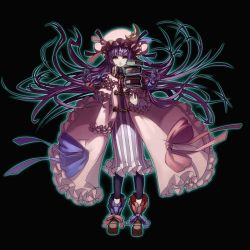 Rule 34 | 1girl, bad id, bad pixiv id, book, chain, crescent, crescent moon, embellished costume, female focus, floating, floating object, glowing, hat, highres, kansou samehada, long hair, moon, patchouli knowledge, purple eyes, purple hair, simple background, solo, touhou