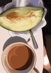 Rule 34 | avocado, close-up, coffee, coffee mug, cognacbear, commentary, cup, highres, mug, no humans, original, plate, spoon, still life, symbol-only commentary