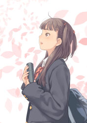 Rule 34 | 1girl, backpack, bag, brown hair, cherry blossoms, highres, kamo (gafas), long hair, parted lips, school uniform, solo, twintails