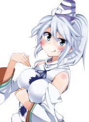 Rule 34 | 1girl, bare shoulders, blush, breasts, detached sleeves, female focus, hat, highres, japanese clothes, kariginu, large breasts, looking at viewer, mononobe no futo, nekoro (nekokabuto), ponytail, short hair, silver hair, smile, solo, tate eboshi, tongue, tongue out, touhou, transparent background, white background