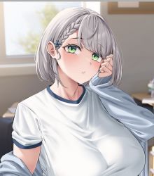Rule 34 | 1girl, blurry, blurry background, blush, braid, breasts, green eyes, grey hair, grey jacket, gym shirt, gym uniform, hair ornament, hololive, huge breasts, indoors, jacket, large breasts, looking at viewer, moisture (chichi), parted lips, shirogane noel, shirt, solo, upper body, virtual youtuber, white shirt, window, x hair ornament
