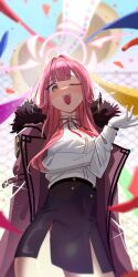 Rule 34 | absurdres, aru (blue archive), black skirt, blue archive, closed eyes, coat, gloves, halo, highres, jiki (gkdlfnzo1245), long hair, looking at viewer, red coat, red hair, shirt, skirt, thighs, white gloves, white shirt, yellow eyes