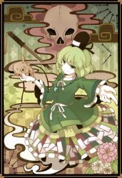 Rule 34 | 1girl, adapted costume, arrow (projectile), asa no ha (pattern), blood, border, bracelet, checkered background, dress, egasumi, eiyobun, female focus, flower, ghost, ghost tail, green dress, green eyes, green hair, hat, highres, jewelry, knife, long sleeves, magatama, mask, matching hair/eyes, multiple tails, necklace, oni mask, outstretched arm, pendant, short hair, skull, smile, soga no tojiko, solo, sword, tail, tate eboshi, touhou, weapon