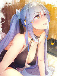 Rule 34 | 1girl, :d, alcohol, azur lane, backless outfit, bare shoulders, black choker, black dress, black ribbon, blush, breasts, champagne, champagne flute, choker, cleavage, cocktail, cocktail glass, collarbone, commentary request, covered erect nipples, cup, dermar, dress, drink, drinking glass, essex (azur lane), essex (craft fairytail) (azur lane), evening gown, eyelashes, hair between eyes, hair ribbon, halter dress, halterneck, highres, indoors, large breasts, long hair, on bed, open mouth, ribbon, sitting, sleeveless, smile, solo, twintails, very long hair, yellow eyes
