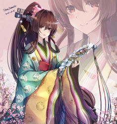 Rule 34 | 1girl, alternate costume, breasts, brown eyes, brown hair, cherry blossoms, flower, hair flower, hair ornament, highres, himeyamato, japanese clothes, kantai collection, karaginu mo, kimono, long hair, looking at viewer, low-tied long hair, open mouth, ponytail, solo, very long hair, yamato (kancolle)