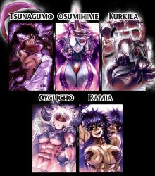 Rule 34 | 6+girls, abs, black sclera, breast tattoo, breasts, character name, clone, colored sclera, colored skin, commentary, covering another&#039;s nipples, covering nipples, covering privates, cyclicho (ramia-yana), cyclops, dark-skinned female, dark skin, demon girl, demon princess osumihime (ramia-yana), english commentary, glasses, glowing tattoo, grey skin, highres, horns, huge breasts, kurkila (ramia-yana), large breasts, long pointy ears, medium breasts, meme, multiple drawing challenge, multiple girls, muscular, muscular female, one-eyed, opaque glasses, plunging neckline, pointy ears, power fist, ramia-yana, ramia (ramia-yana), red eyes, scar, scar on arm, scar on breasts, scar on stomach, selfcest, shirt cut meme, sideboob, single horn, tattoo, the golden smurf, tsunagumo (ramia-yana), underboob