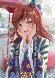 Rule 34 | 1girl, animal ears, blurry, blurry background, blush, brown eyes, collarbone, commentary request, fidgeting, hair ornament, halcioneis, heavy breathing, highres, horse ears, horse girl, japanese clothes, kimono, long hair, looking at viewer, medium hair, nice nature (converging wishes) (umamusume), nice nature (umamusume), official alternate costume, official alternate hairstyle, open mouth, outdoors, red hair, shrine, solo, sparkle, umamusume