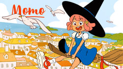 1girl artist_logo bird black_hat blue_dress blue_sky broom broom_riding building character_name child cloud commentary dress english_commentary flower hair_flower hair_ornament hat hill holding holding_broom horizon island logo medium_hair ocean open_mouth original pink_hair puffy_short_sleeves puffy_sleeves ranpanda red_ribbon ribbon seagull shirt short_sleeves sky socks solo teeth town upper_teeth_only white_footwear white_shirt white_socks wide-eyed witch_hat