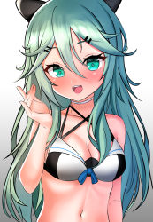 Rule 34 | 1girl, absurdres, bikini, black bikini, black ribbon, blush, breasts, choker, collarbone, green eyes, green hair, hair between eyes, hair flaps, hair ornament, hair ribbon, hairclip, highres, kantai collection, long hair, looking at viewer, navel, neckerchief, official alternate costume, open mouth, ponytail, ribbon, sidelocks, simple background, small breasts, solo, swimsuit, tf cafe, upper body, white background, white choker, yamakaze (kancolle)