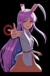 Rule 34 | 1girl, 3d, absurdres, animal ears, black background, blouse, cowboy shot, finger gun, foreshortening, highres, index finger raised, letterboxed, long hair, looking at viewer, necktie, outstretched arm, pointing, pointing at viewer, purple hair, rabbit ears, red eyes, reisen udongein inaba, shirt, short sleeves, simple background, skirt, solo, touhou, transparent background, tsukebo, very long hair, white shirt
