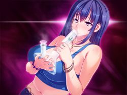 Rule 34 | 1girl, blue hair, blush, bong, breasts, drugs, huge breasts, jewelry, marijuana, meme50, necklace, pin-point, red eyes, sweat