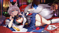 Rule 34 | 1girl, animal ears, azur lane, bare shoulders, blue eyes, blue skirt, blunt bangs, blush, breasts, cleavage, commentary request, cowlick, d. (ddot2018), detached sleeves, flower, folding fan, fox ears, fox mask, fox tail, hakama, hakama short skirt, hakama skirt, hand fan, highres, indoors, japanese clothes, kaga (azur lane), kikumon, large breasts, long sleeves, looking at viewer, lying, mask, md5 mismatch, multiple tails, on side, parted lips, pleated skirt, resolution mismatch, revision, shikigami, short hair, silver hair, skirt, socks, solo, tail, thighs, white socks, wide sleeves