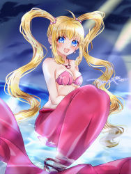 Rule 34 | 1girl, :d, absurdres, ahoge, bare shoulders, blonde hair, blue eyes, breasts, cleavage, collarbone, commentary, curly hair, earrings, floating hair, full body, hair ornament, highres, jewelry, knee up, long hair, looking at viewer, medium breasts, mermaid, mermaid melody pichi pichi pitch, monster girl, nanami lucia, necklace, night, ocean, open mouth, outdoors, pink tail, shell, shell bikini, shell earrings, shell hair ornament, shell necklace, sidelocks, signature, sitting, skindentation, smile, solo, stomach, tail, tail ornament, tsukishiro yayoi (yumeir0), twintails, very long hair