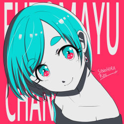 Rule 34 | 1girl, aqua eyes, aqua hair, bare shoulders, character name, earrings, futomayu-chan (sinohira rin), jewelry, limited palette, multicolored eyes, original, portrait, red background, red eyes, shadow, short hair, signature, sinohira rin, smile, solo