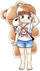 Rule 34 | 1girl, :d, barefoot, brown eyes, brown hair, child, flat chest, full body, grin, looking at viewer, open mouth, oyatsu (mk2), salute, short hair, shorts, simple background, smile, solo, stuffed animal, stuffed toy, teddy bear, white background