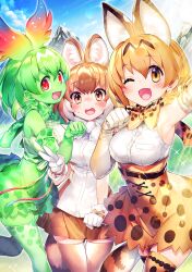 Rule 34 | 3girls, animal ear fluff, animal ears, armpits, artist request, belt, black belt, blonde hair, blush, bow, bowtie, brown eyes, brown hair, cellval, clenched hand, colored skin, day, dhole (kemono friends), dog ears, dog girl, dog tail, elbow gloves, extra ears, game cg, gloves, green hair, green skin, green thighhighs, hair between eyes, head wings, high-waist skirt, kemono friends, kemono friends 3, lens flare, looking at viewer, mountain, multicolored hair, multiple girls, nervous sweating, official art, one eye closed, open mouth, outdoors, paw pose, print bow, print bowtie, print gloves, print skirt, print thighhighs, red eyes, serval (kemono friends), serval print, shirt, short hair, skindentation, skirt, sky, sleeveless, sleeveless shirt, smile, striped tail, sweat, tail, thighhighs, third-party source, two-tone hair, v, white gloves, white hair, white shirt, wings, yellow eyes
