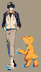 Rule 34 | 1boy, 1other, agumon, digimon, digimon (creature), digimon survive, highres, looking at another, momotsuka takuma, simple background, tail