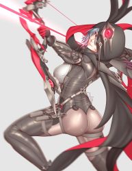 Rule 34 | 1girl, ass, bodysuit, boots, bow (weapon), breasts, cleru (cleruuuuu), cloak, from behind, highres, honkai (series), honkai impact 3rd, hood, hooded cloak, large breasts, looking at viewer, raven (honkai impact), red eyes, shiny clothes, shiny skin, short hair, sideboob, silver hair, smile, solo, weapon