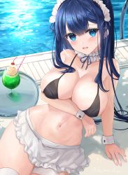 Rule 34 | 1girl, absurdres, apron, bare shoulders, bikini, black bikini, blue eyes, blue hair, breast hold, breasts, choker, cleavage, frilled choker, frills, fujimori shiki, headdress, highres, large breasts, long hair, looking at viewer, navel, open mouth, original, poolside, sitting, skindentation, smile, solo, stomach, string bikini, sweatdrop, swimsuit, thigh strap, thighs, tray, tropical drink, very long hair, waist apron, wrist cuffs
