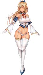Rule 34 | 1girl, absurdres, blonde hair, bottomless, breasts, dark-skinned female, dark elf, dark skin, detached sleeves, elf, garter belt, gloves, hair ribbon, half updo, high ponytail, highres, hololive, hololive fantasy, large breasts, long hair, multicolored hair, no pants, nyctea snow, panties, pointy ears, ribbon, shiranui flare, shiranui flare (1st costume), thighhighs, underwear, virtual youtuber