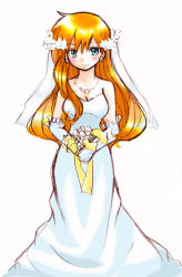 Rule 34 | 1girl, blue eyes, blush, bouquet, breasts, bride, cleavage, creatures (company), dress, earrings, elbow gloves, flower, game freak, gloves, gym leader, jewelry, long hair, medium breasts, misty (pokemon), necklace, nintendo, orange hair, pokemon, simple background, smile, solo, wedding dress